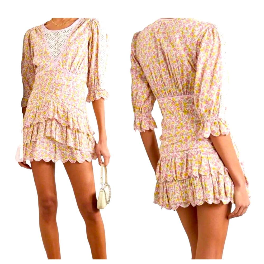 LoveShackFancy Pink and Yellow Floral Marquis Mini Dress Size 6 NWT Fun, Flirty🌟